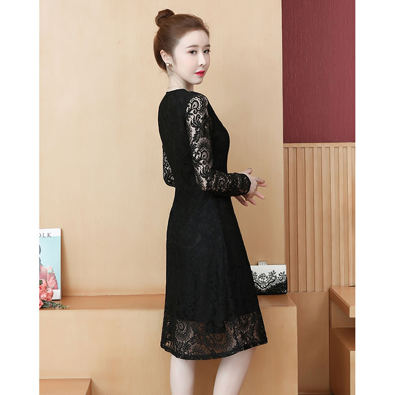 kudapy เดรสสั้นสีดำ ผ้าลูกไม้ แขนยาว กระโปรงทรงบานคลุมเข่า แนวเรียบหรู ดูดี สวยสุภาพ ดูเรียบร้อย