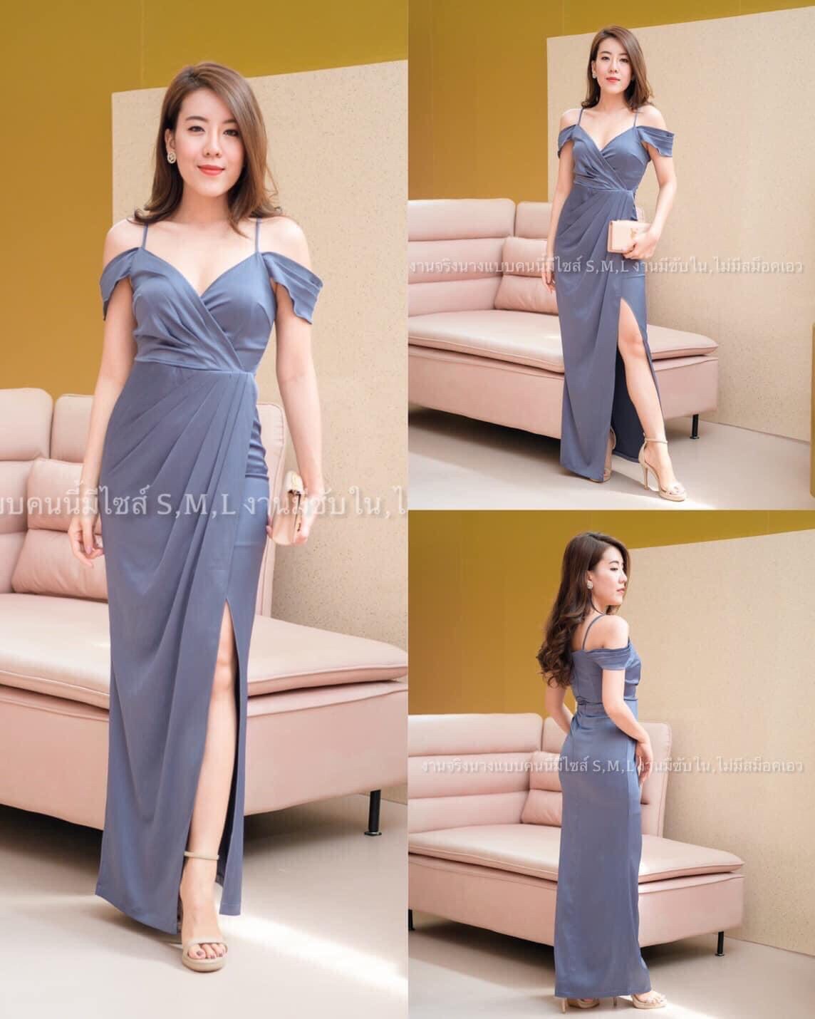 kudapy ชุดราตรียาวเปิดไหล่สายเดี่ยว ปิดแขนคิมเบอรี่ ผ้าเครปซาติน สีชมพูเผือก ,น้ำเงินสด ,กรมอมเทา,เขียวแก่