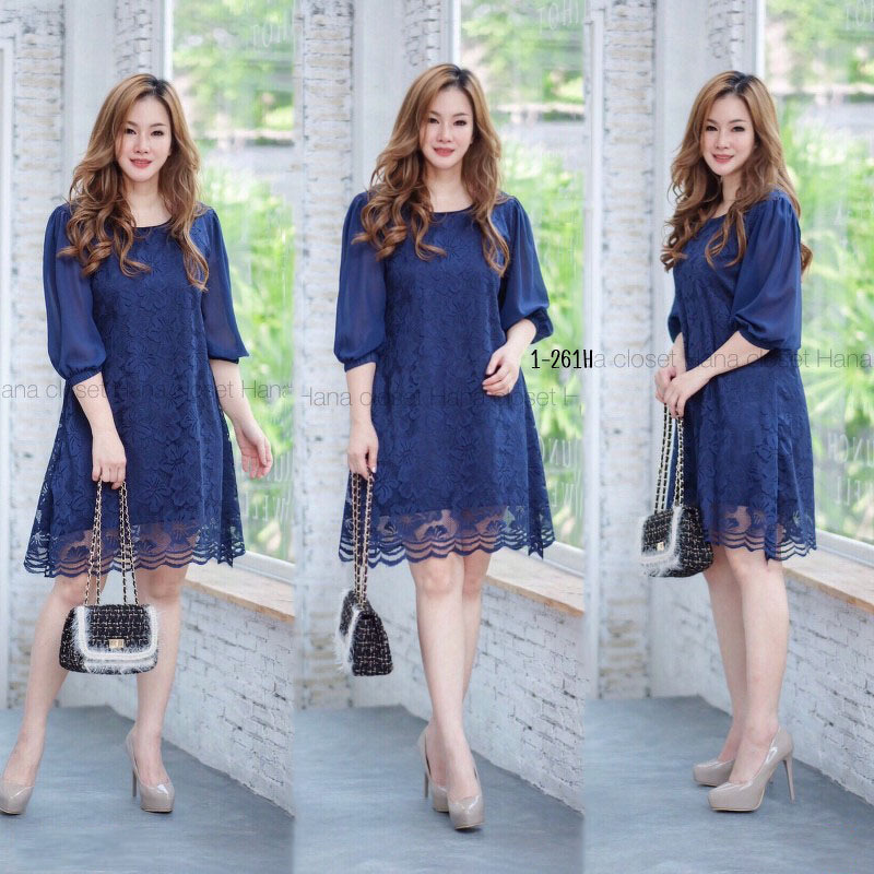 kudapy เดรสสั้นผ้าลูกไม้คอกลม แขนชีฟร็องสามส่วน ทรงเอ ผ้าลูกไม้เนื้อนิ่ม ใส่สบาย มีซับทั้งชุด