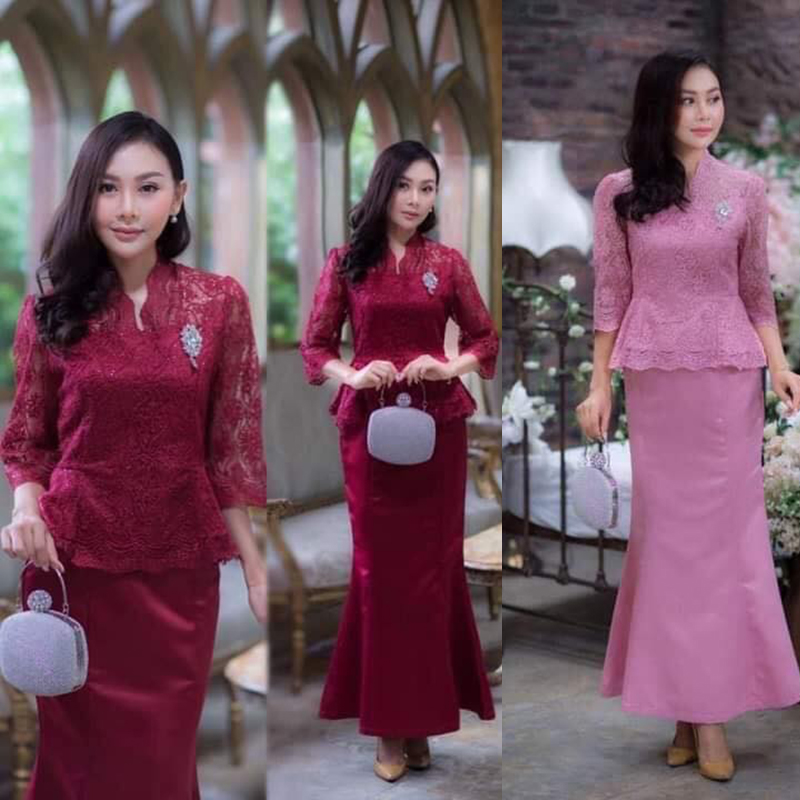 kudapy ชุด set เสื้อลูกไม้ใยบวบผสมเลื่อม สีแดงไวน์/สีชมพู + กระโปรงทรงหางปลา