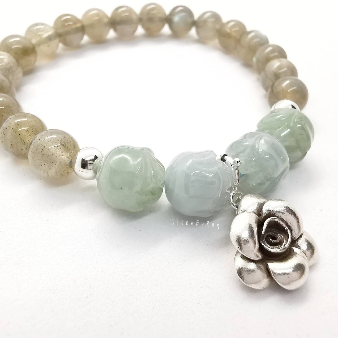 สร้อยข้อมือหยกร้อยกับหินลาบราโดไลท์ Jade+Labradorite