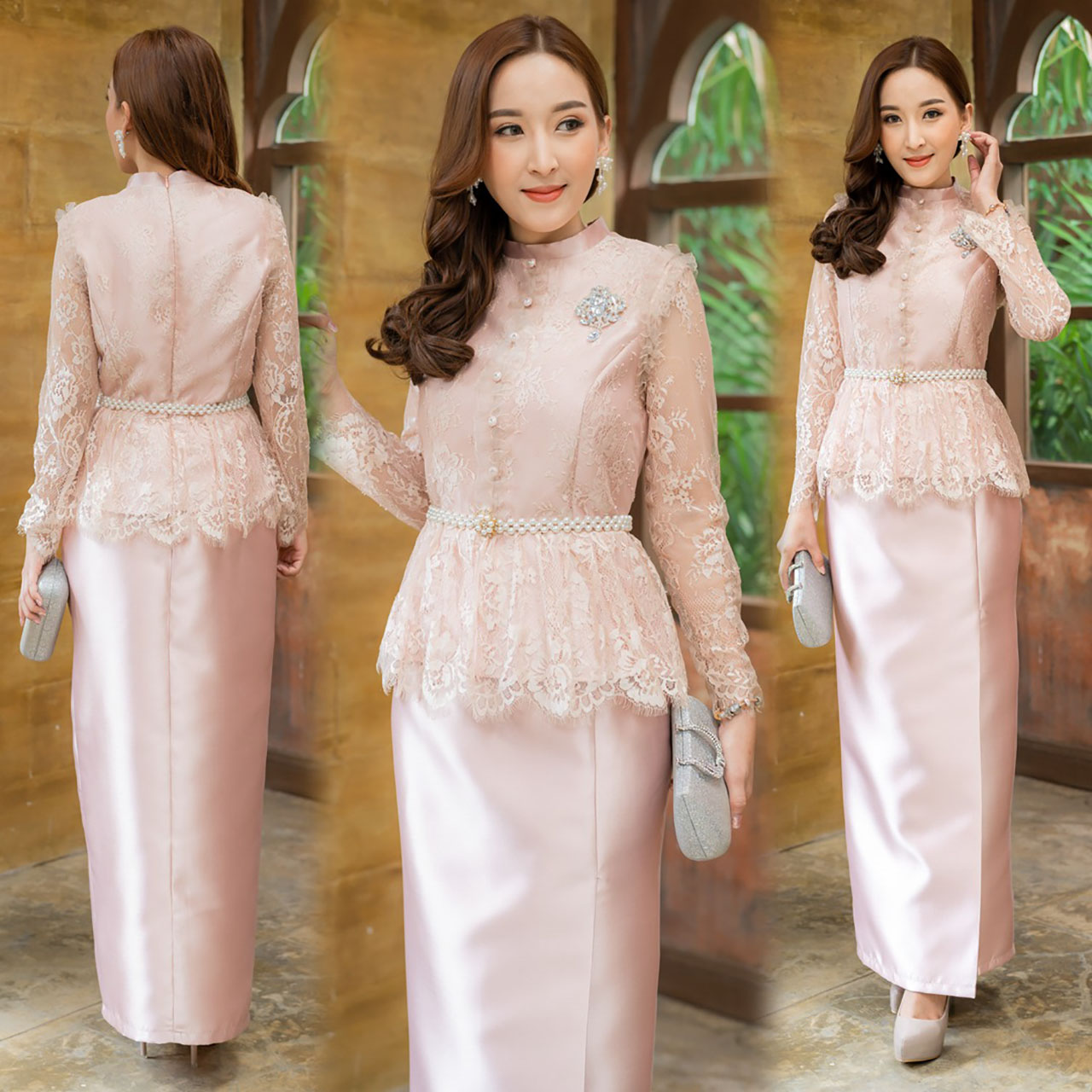 kudapy Set งาน 2ชิ้น เสื้อ+ผ้าถุงเย็บสำเร็จ งานผ้าไหมอิตาลีชุดไทยประยุกต์คอปิด แต่งกระดุมหลอก ตัวเสื้อตกแต่งด้วยลูกไม้เนื้อนิ่ม