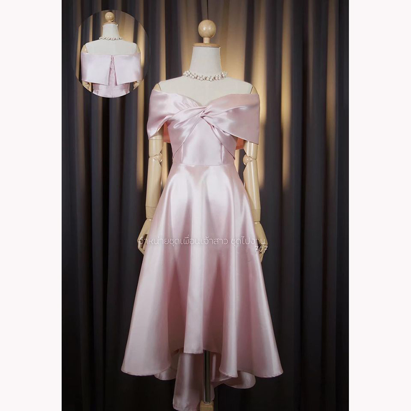 kudapy เดรสหน้าสั้นหลังยาวสีเขียว ทอง เทา ชม กรม แดง โรสโกล ขาว เปิดบ่าTwistอกใหญ่ ปิดพรางซ้อนแขน แบบอลังๆ แต่ไม่เวอร์วัง กระโปรงทรงหน้าสั้นหลังยาว