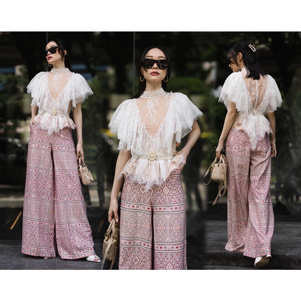 kudapy เซตเสื้อลูกไม้แต่งระบายสีขาว,สีชมพู +กางเกงขายาวทรงขาบสนพิมพ์ลาย