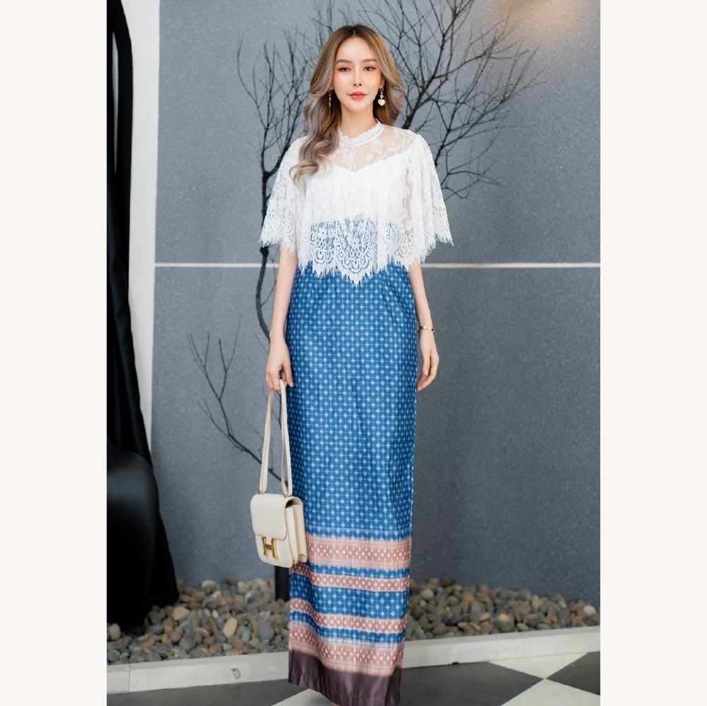 kudapy เซตเสื้อลูกไม้ขาว+ผ้าถุงลายไทยพิมพ์ลาย สีชมพู สีกรมท่า สีฟ้าน้ำทะเล สวยเรียบหรู ดูแพงมาก ดีไซส์น่ารักๆๆใส่ได้ทุกโอกาส