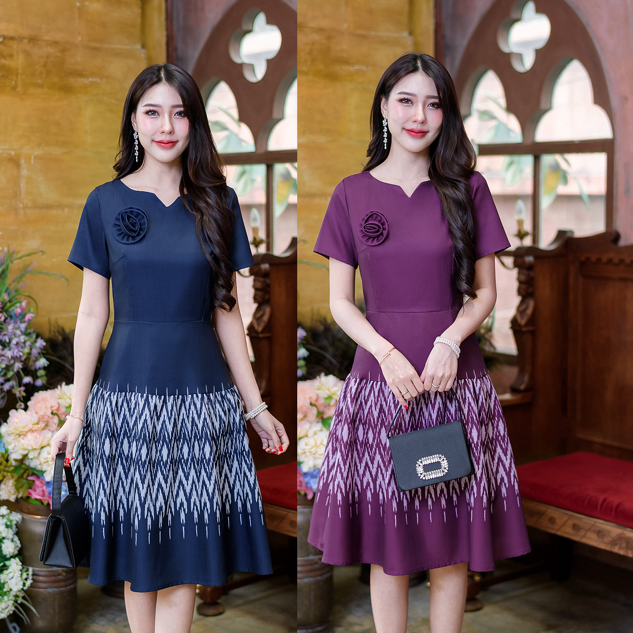 kudapy เดรสสั้นสีเปลือกมังคุด/สีกรม ผ้าพิมพ์ลายไทย เนื้อผ้าโพพลีผสมเนื้อเบาผ้าไม่หยาบใส่สบาย