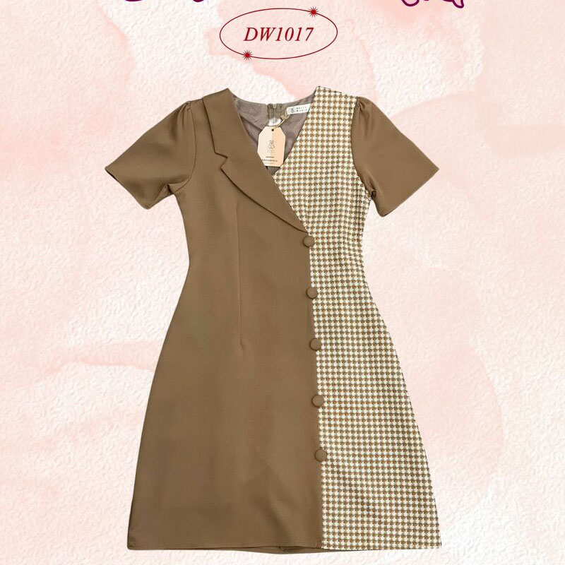 kudapy เดรสสั้นสีชมพู/สีกรม/สีน้ำตาล ทูโทนลายสก๊อต ทรงเข้ารูป มีซับใน งานซิปด้านหลัง