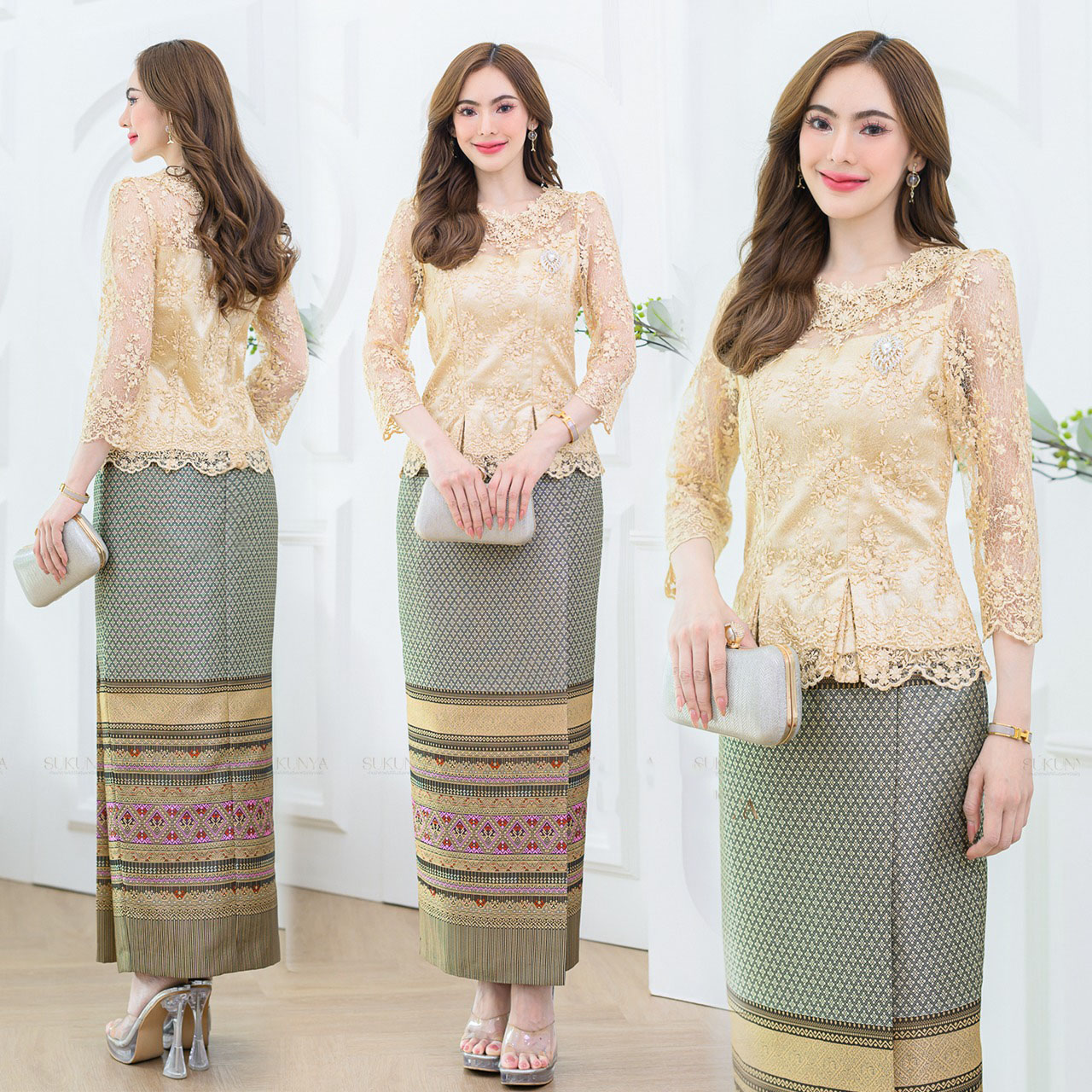 kudapy เซ็ทเสื้อลูกไม้ใยบวบพรีเมี่ยม คอกลม มีซับใน ซิปซ่อนหลัง ทรงออกแบบทันสมัย