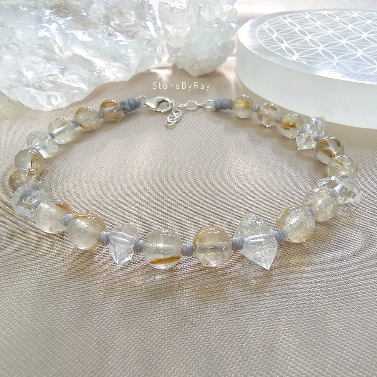 สร้อยข้อมือเชือกถักหินเฮอร์คิเมอร์ไดม่อนกับหินไหมทอง Herkimer Diamond