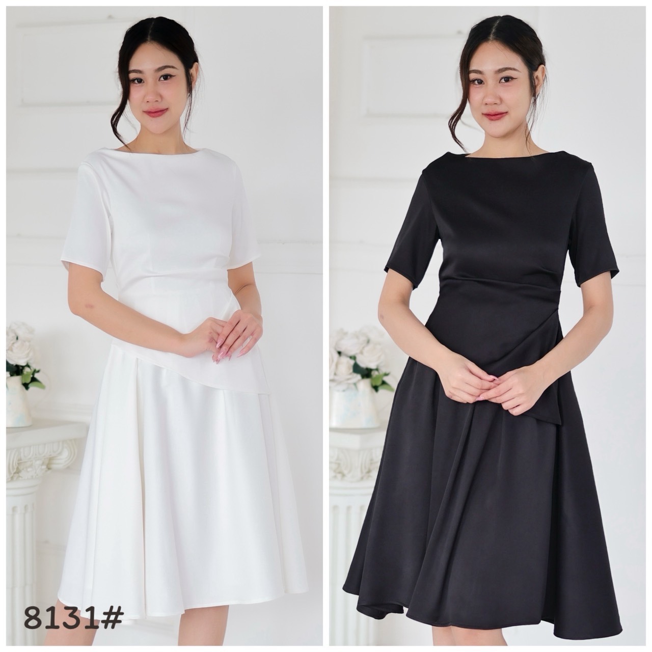 kudapy เดรสแขนสั้น คอปาด เกาหลี ดีเทลเสื้อจับจีบเอว เข้ารูป เก็บทรง