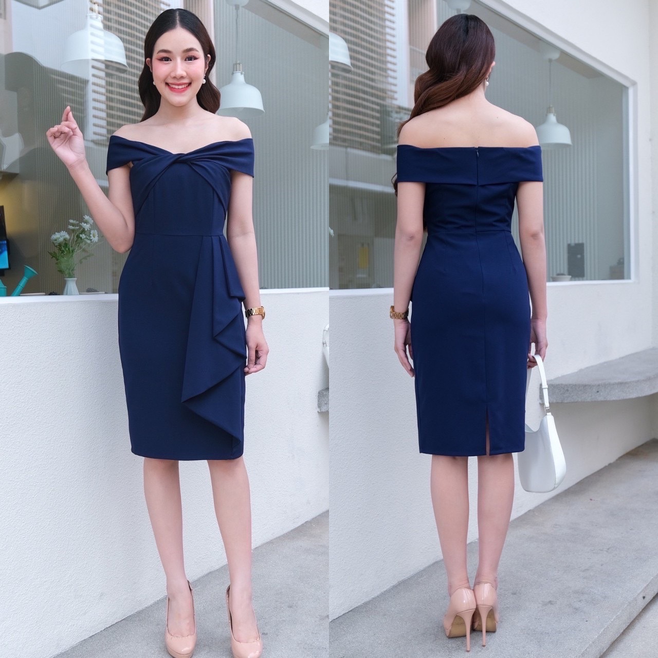 kudapy เดรสสั้นสีขาว/สีเขียว/สีกรม ทรงสอบ เปิดบ่าจับทวิช ช่วงอก จีบระบายสะโพก กระโปรงสอบทรงดินสอ เก็บทรง ผ่าหลังเดินง่าย ซิปหลังยาว