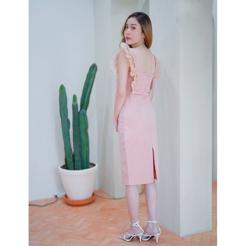 kudapy เดรสสั้นสีน้ำตาล/สีชมพู คอเหลี่ยมแขนระบายลูกไม้