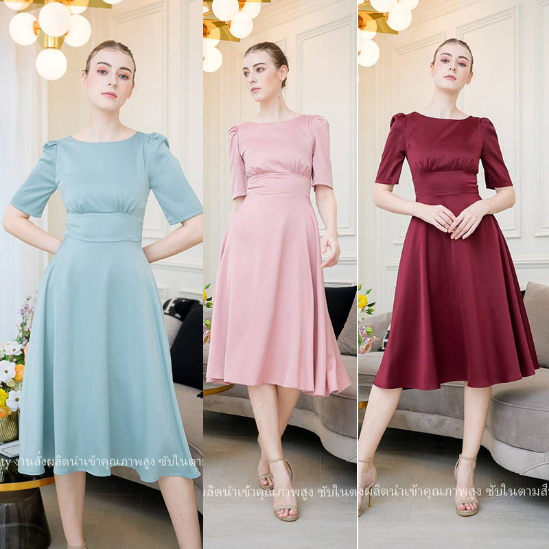 kudapy เดรสสั้นสีชมพู/สีเลืดหมู/สีมิ้น ชุดออกงานแขนสั้นกระโปรงบาน