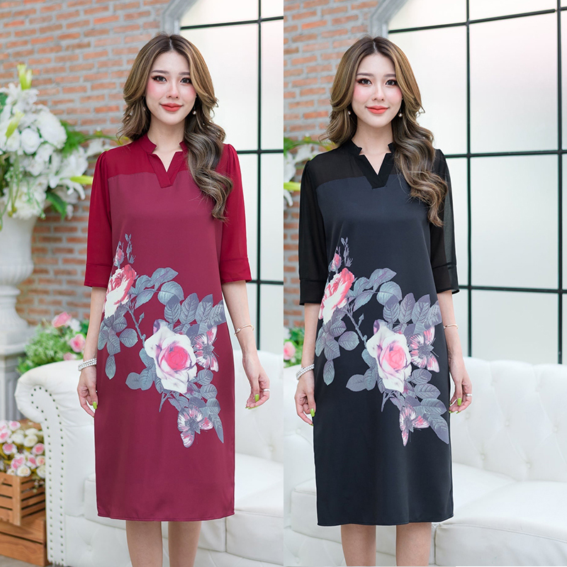 kudapy เดรสสั้นคอวีแต่งเหลี่ยมสีดำ สีแดง เดรสผ้าพิมพ์เนื้อนิ่มทรงทรงปล่อยแบบใส่สบายลำลองได้ ใส่เที่ยวได้สวยเบาๆค่ะ ผ้าพิมพ์ลายกุหลาบ