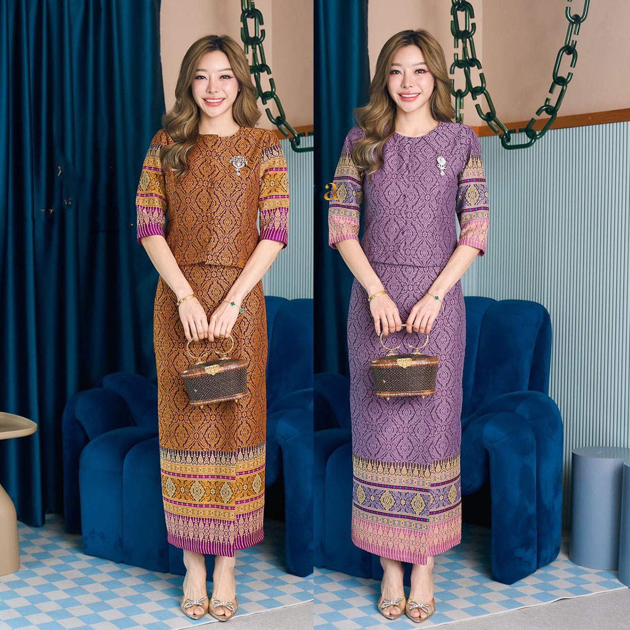 kudapy เซ็ทผ้าไหมแกมฝ้ายลายยกพุ่มบิณฑ์ทรงเรือนต้น สีสีน้ำตาลทอง สีม่วงเปลือกมังคุด