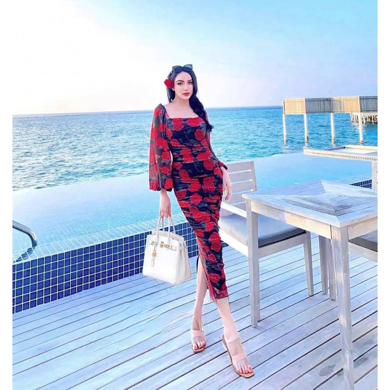 kudapy เดรสสั้นสีแดง ผ้าชีฟองกุหลาบ แต่งย่นเข้ารูป เรียบหรูดูไฮโซ ใส่สบาย