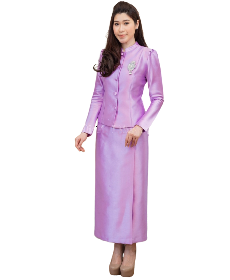 ชุดไทยจิตรลดาสีม่วง เซ็ท 2 ชิ้น เสื้อผ้าไหมกระดุมหน้า + พร้อมกระโปรงทรงสอบ