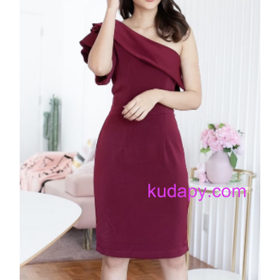 kudapy เดรสสั้นไหล่เดี่ยวสีกรมท่า,สีแดงไวน์ ,สีโอรส,สีฟ้า ผ้าฮานาโกะ เดรสสั้นออกงาน