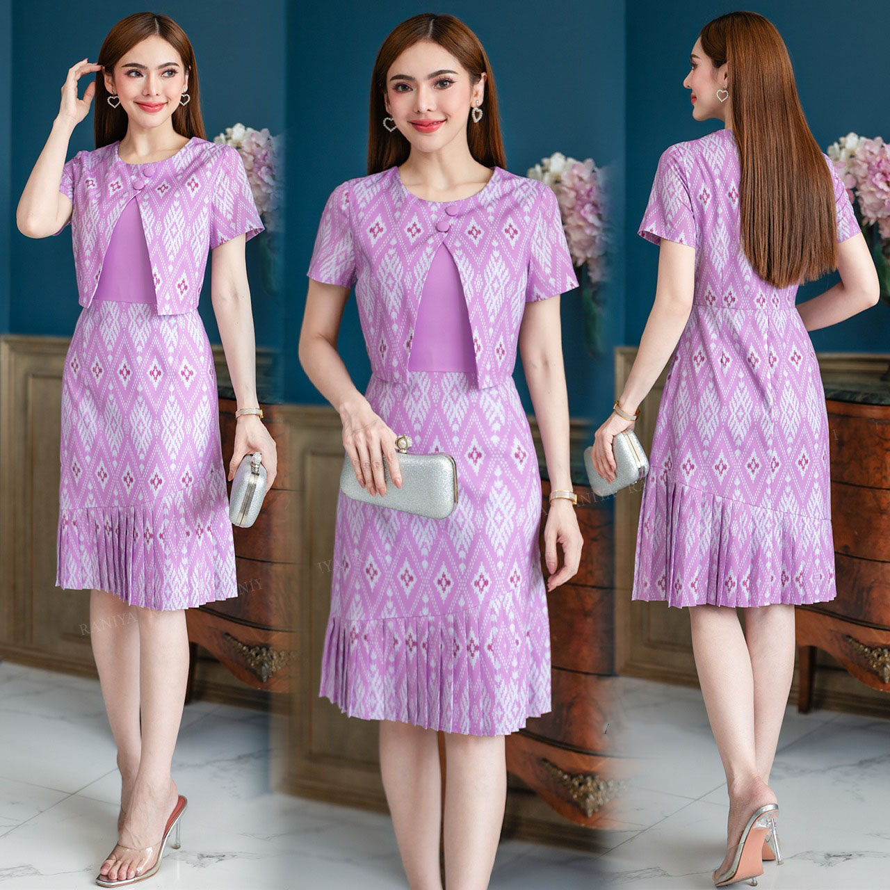 kudapy เดรสผ้าโพลีเอสเตอร์ งานพิมพ์ลาย กั๊กแต่งกระดุม ส่วนกระโปรงอัดพลีทเป็นจีบ ทรงสวย