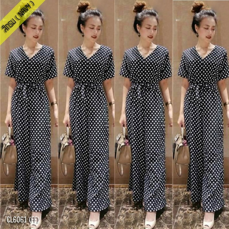 kudapy จั้มสูทขายาวสีแดง/สีขาว/สีดำ ทรงกระบอก งานคอวีซิปหน้ายาว แขนสั้น ใช้ผ้าโฟร์เวย์ลายจุดเอว