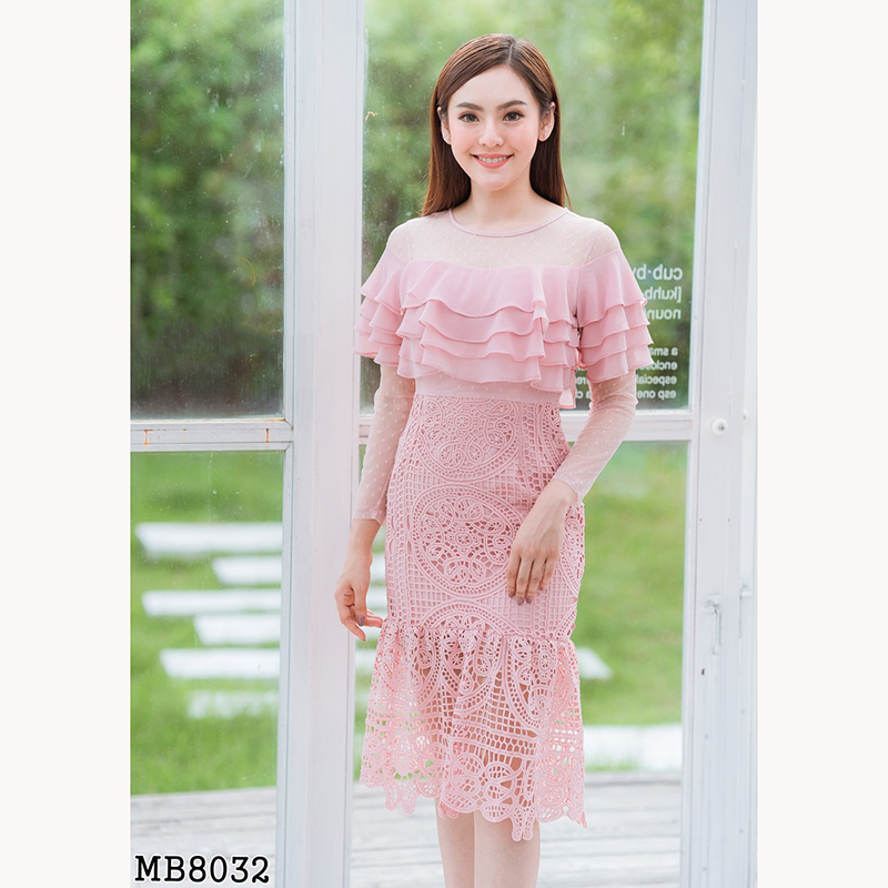 kudapy เดรสสั้รสีชมพู/สีกรม/สีขาว ลูกไม้อกชีฟอง4ชั้นใส่สวยดูดี