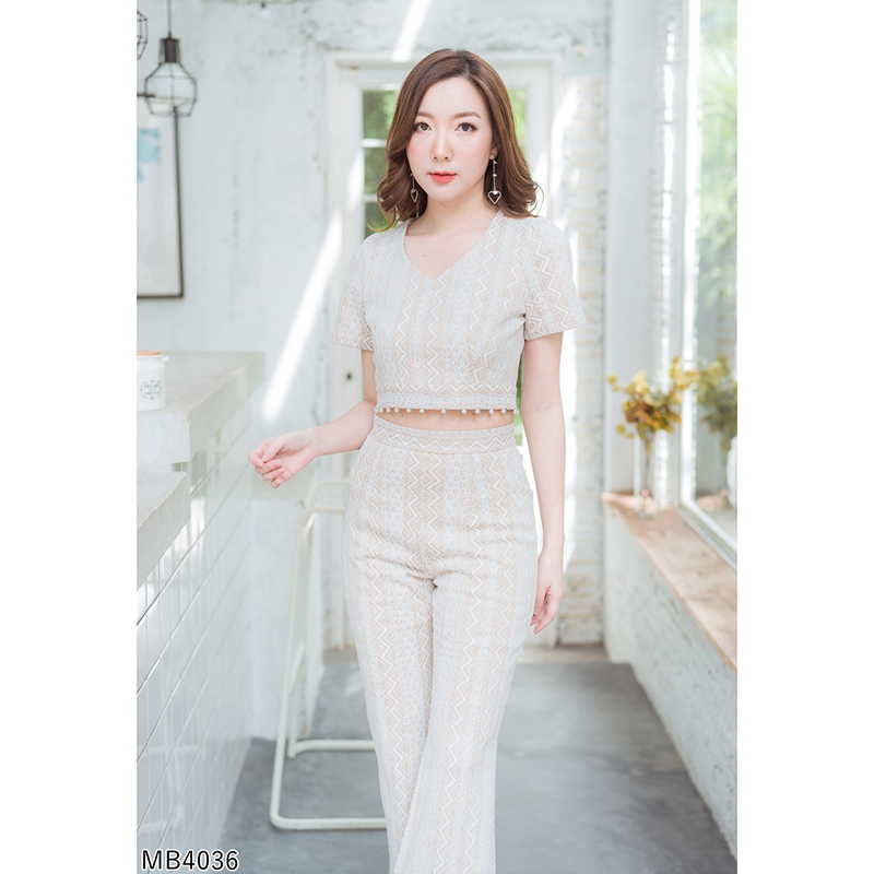 kudapy เซทขายาวสีดำ/สีขาว/สีชมพู คอวีลูกไม้ซับน้ำตาล สวยเซ็กซี่ดูดี