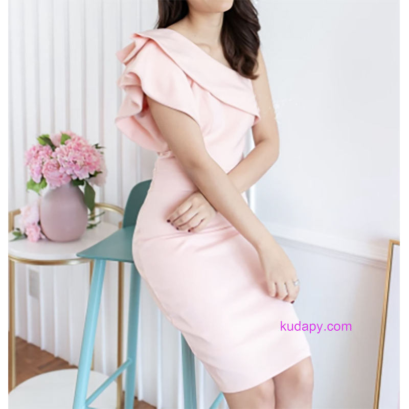 kudapy เดรสสั้นไหล่เดี่ยวสีกรมท่า,สีแดงไวน์ ,สีโอรส,สีฟ้า ผ้าฮานาโกะ เดรสสั้นออกงาน