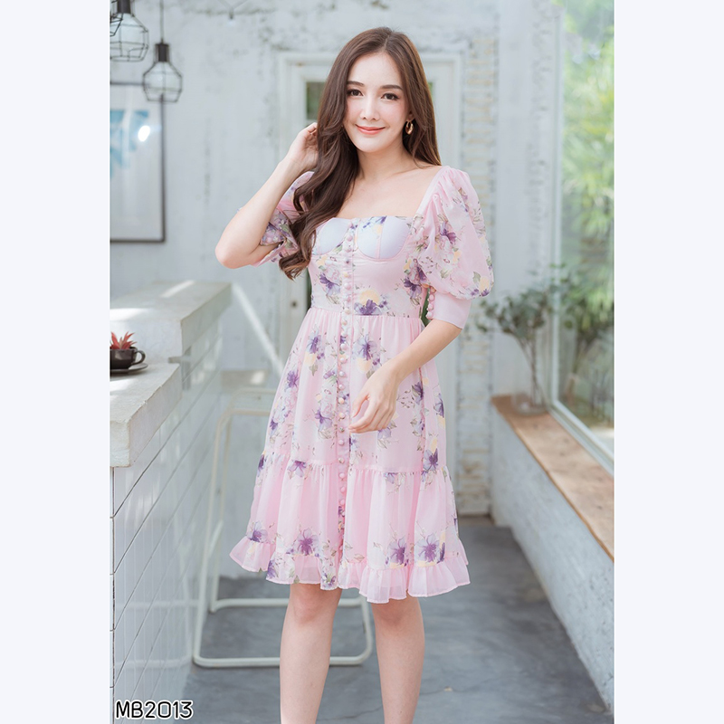 kudapy เดรสสั้นสีชมพู/สีขาว ลายดอกแขนบาร์บี้สวยน่ารักดูดี