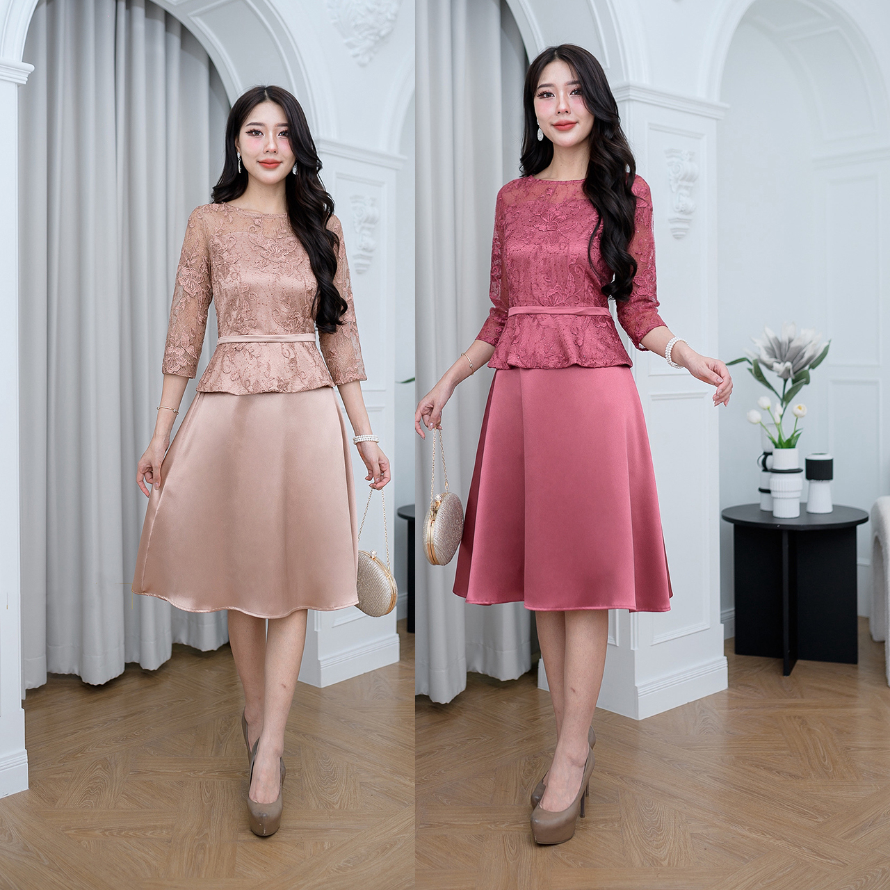 kudapy เดรสสั้นสีแดงอมชมพู/สีน้ำตาล กระโปรงเป็นผ้าเงาพริ้วสวย ตัวเสื้อเป็นผ้าลูกไม้ใยบวบปักดอกไม้ลายสวย ดีเทลเข็มขัดเป็นผ้าเย็บติดสำเร็จให้