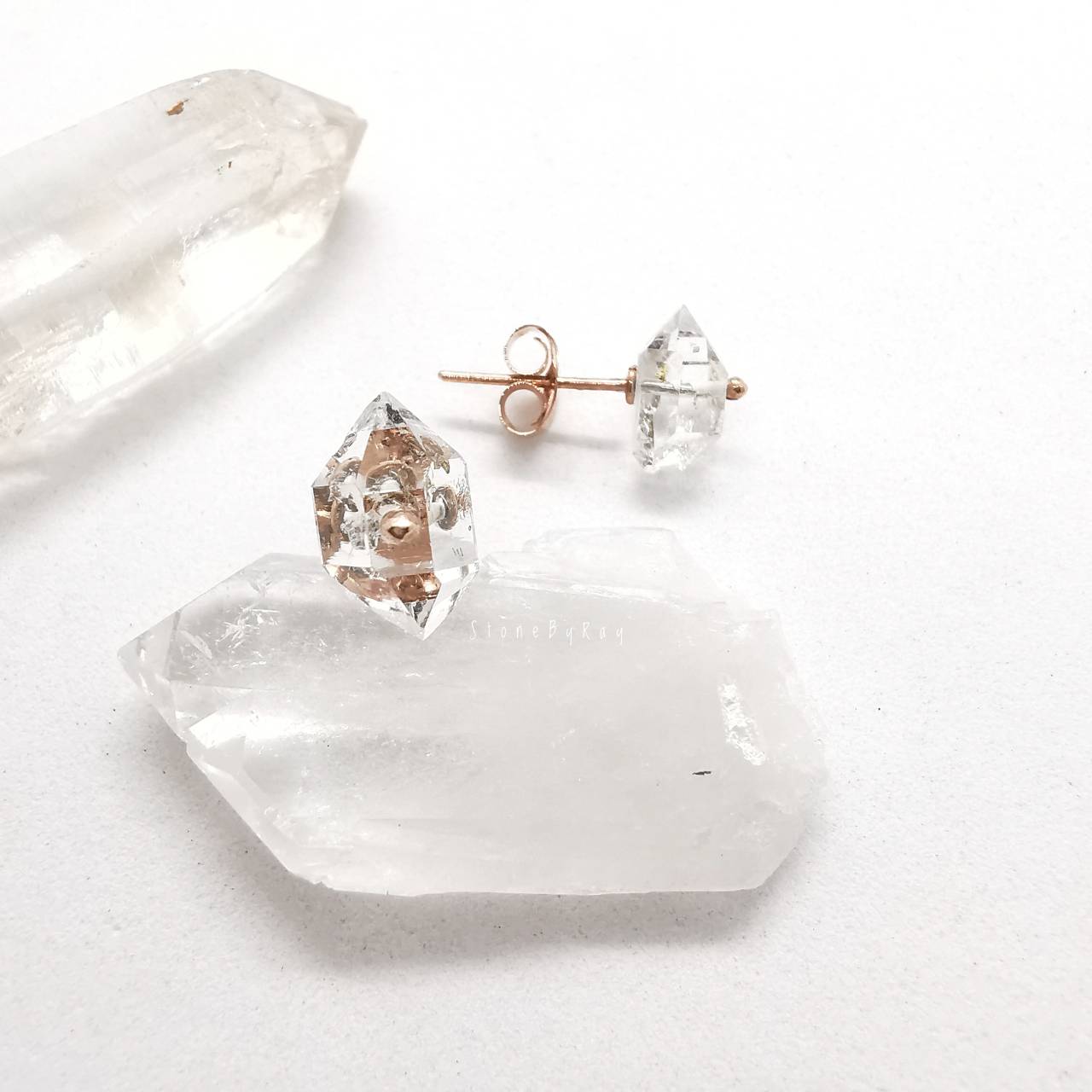 ต่างหูเงินชุบพิ้งโกลด์หินเฮอร์คิเมอร์ไดม่อน Golden Enhydro Herkimer Diamond