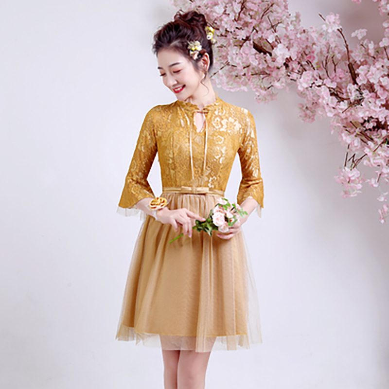 kudapy เดรสสั้นสีเทา/สีแดง/สีชมพู/สีส้ม/สีขาว ราตรีออกงานสั้นซีทรู ทรงเหมือนคอจีน