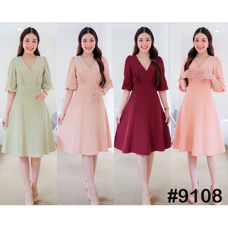 kudapy เดรสสั้นสีโอรส/สีแดงเบอร์กันดี /สีเขียวพิตาชิโอ้/สีครีมนู้ด/สีชมพู คอวี ดีเทลจีบช่วงอก รุ่นนี้ใส่ง่ายใส่สบาย ใส่แล้วดูผอม แขนศอกเรียบหรู กระโปรงฟรีสะโพก
