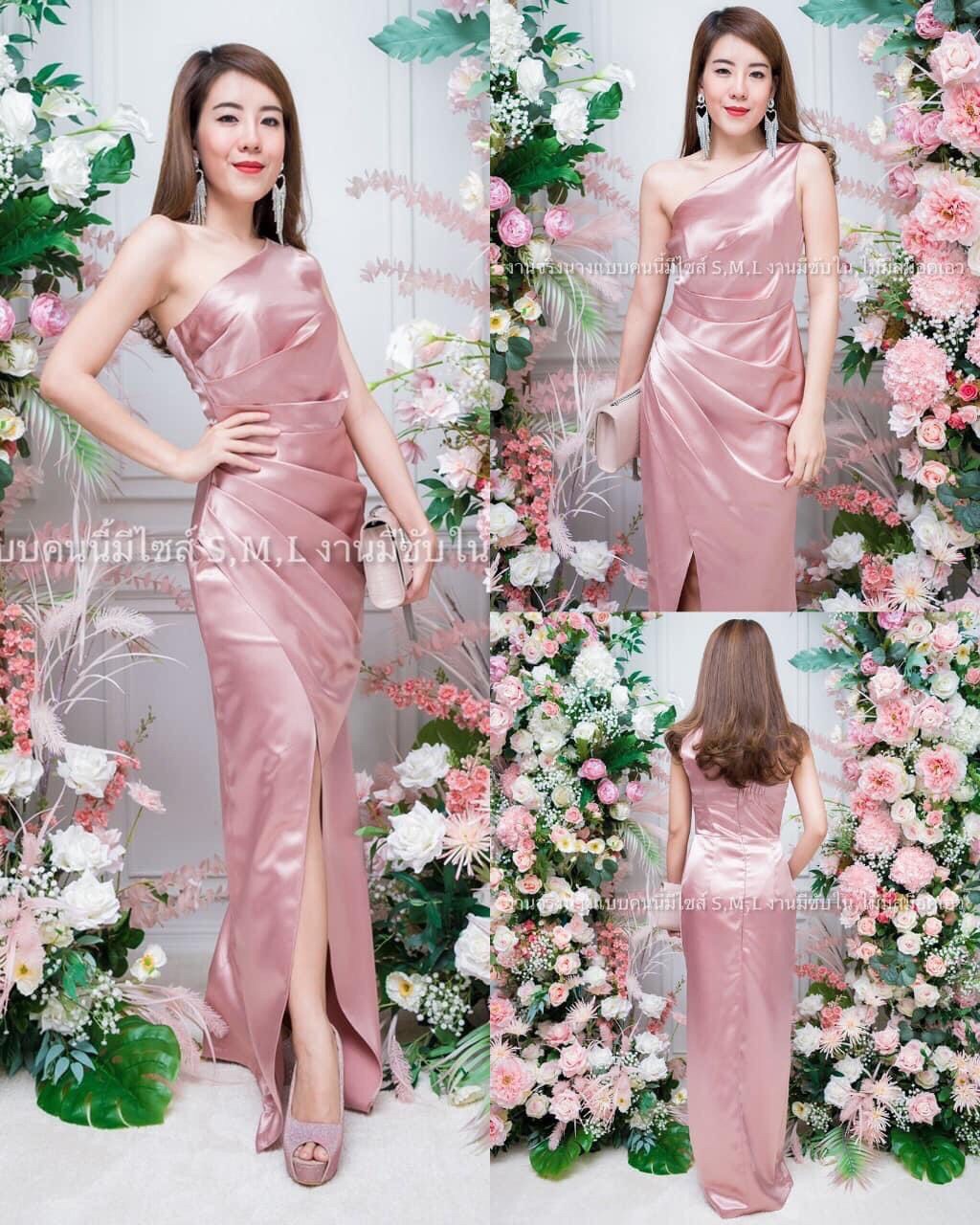 kudapy ชุดราตรียาวไหล่เฉียง เอวจีบข้าง กป.ยาว ผ้าเปเป้ไม่ยืด สีเขียวมิ้นท์ ,ฟ้า ,โอรส ,กรมท่า