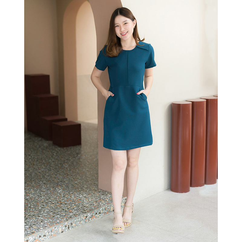 kudapy เดรสสั้นสีเขียวน้ำทะเล/สีน้ำตาล/สีเทาเข้ม มีซับในทั้งตัว ใส่สบายสวยดูดี