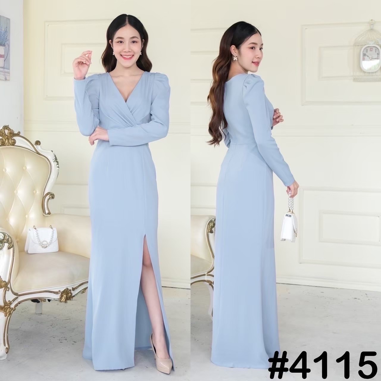 kudapy ดรสยาวสีคาราเมล/สีเขียวพิตาชิโอ้/สีครีมนู้ด/สีชมพู/สีดำ จับจีบเอว อกไขว้วี แต่งแขนตุ๊กตาทรงแขนยาว กระโปรงทรงสอบ ผ่าหน้า