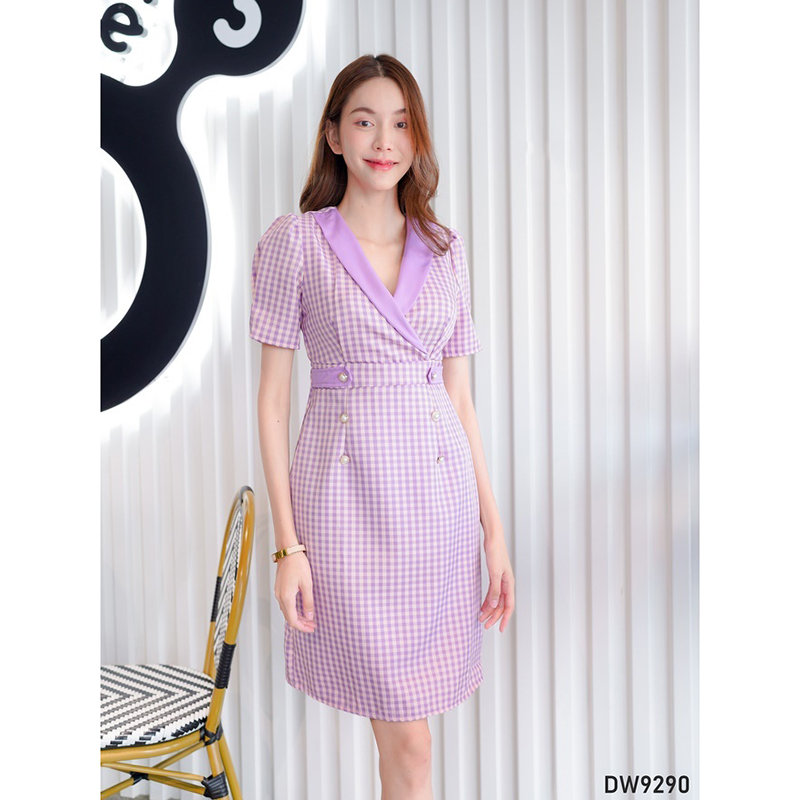 kudapy เดรสสั้นสีม่วง/สีกรม/สีชมพู คอปกสูทลายสก็อต