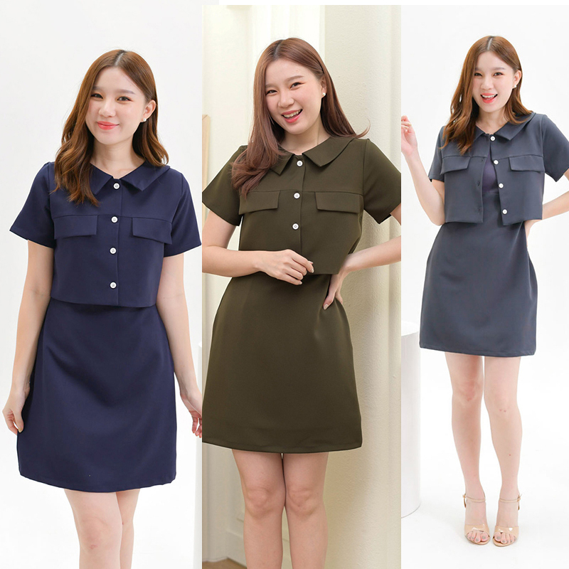 kudapy kudapy kudapy เดรสสั้นสีเทาเข้ม/สีเขียวทหาร/สีกรม คอปก คัทติ้งตัดต่อช่วงอก เพิ่มดีเทลปากกระเป๋าเก๋ๆ ดีไซน์น่ารัก กระดุมอกแกะได้จริง เพิ่มความชิคๆเก๋ๆ ใส่สวยปัง