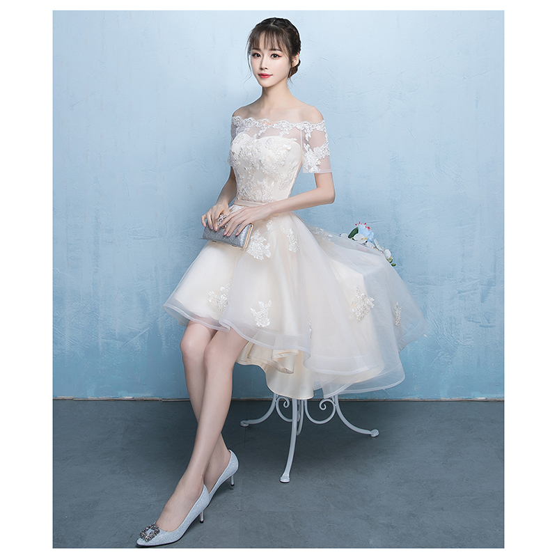 kudapy เดรสกระโปรงหน้าสั้นหลังยาวสีครีม ออกงานผ้าลูกไม้ปักสุดหรู ดีไซน์เปิดไหล่ ปิดต้นแขน