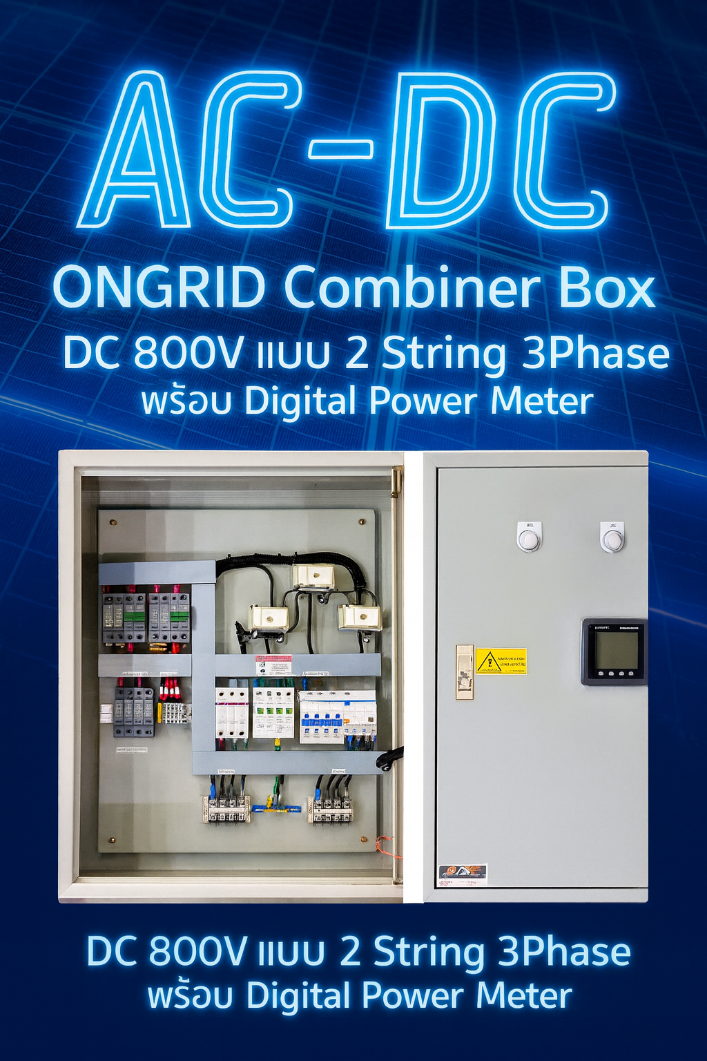AC-DC ONGRID Combiner Box, DC 800V แบบ 2 String, RCBO 4P 3Phase พร้อม Digital Power Meter