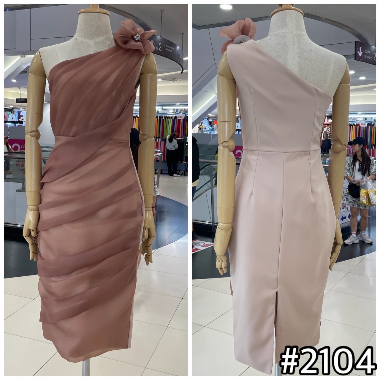 kudapy เดรสออกงานผ้าแก้ว เดรสสั้นไหล่เดี่ยว แต่งเข็มกลัดดอกไม้ สีชมพูพาสเทล ,ขาว ,โอรส ,กรมท่า