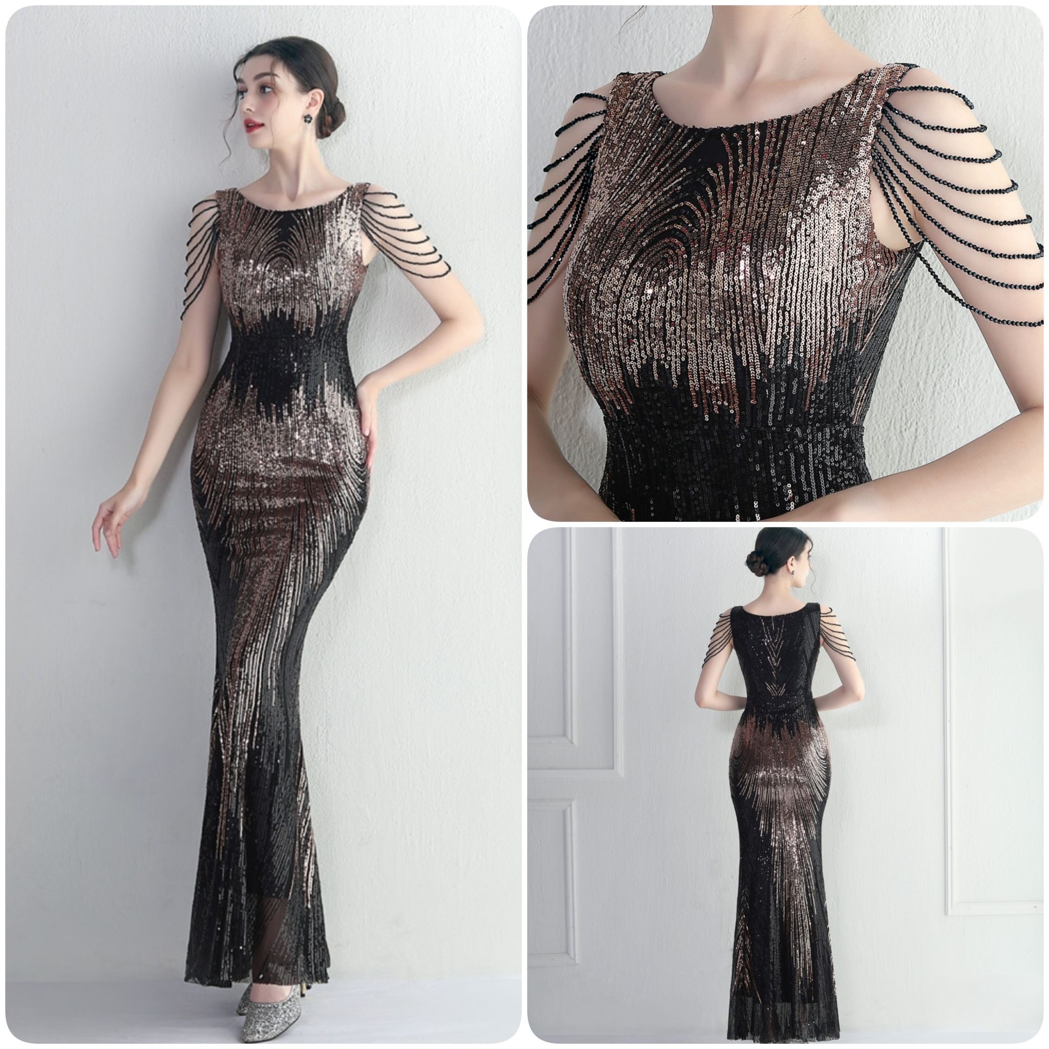 kudapy ชุดราตรียาวผ้ากริสเตอร์คอปาด แต่งลูกปัดที่ไหล่เพิ่มดีเทล สีดำ,โรสโกลด์,แดงไวน์,เขียว,สีน้ำเงิน,กรมท่า,ขาว ผ้าขยายได้ สวมเข้ารูป