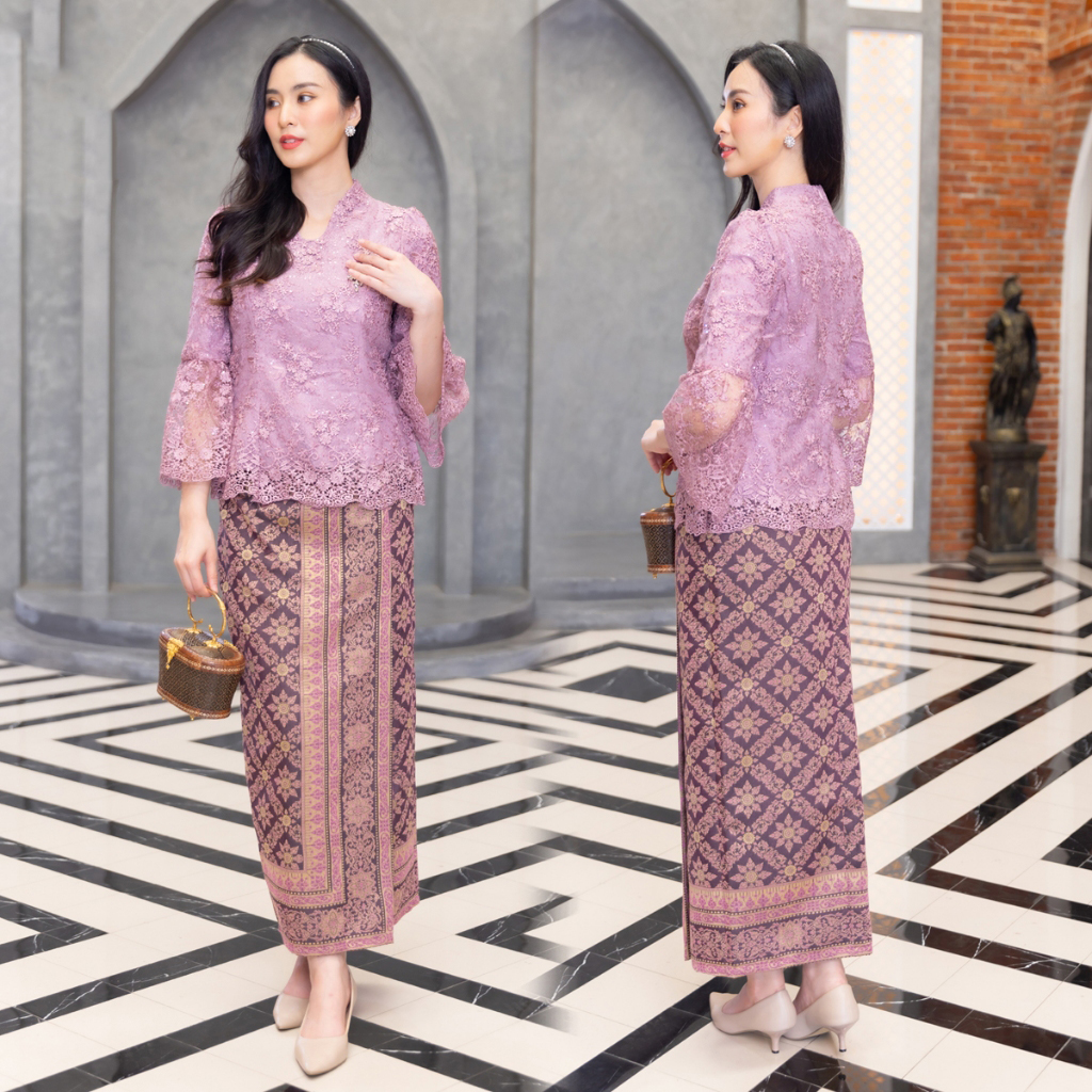 kudapy ชุดเซ็ทออกงานเสื้อลูกไม้สีทองน้ำผึ้ง/สีม่วงกะปิ เนื้อผ้าลูกไม้ฝรั่งเศสสุดละมุน สั่งทอแบบพิเศษ