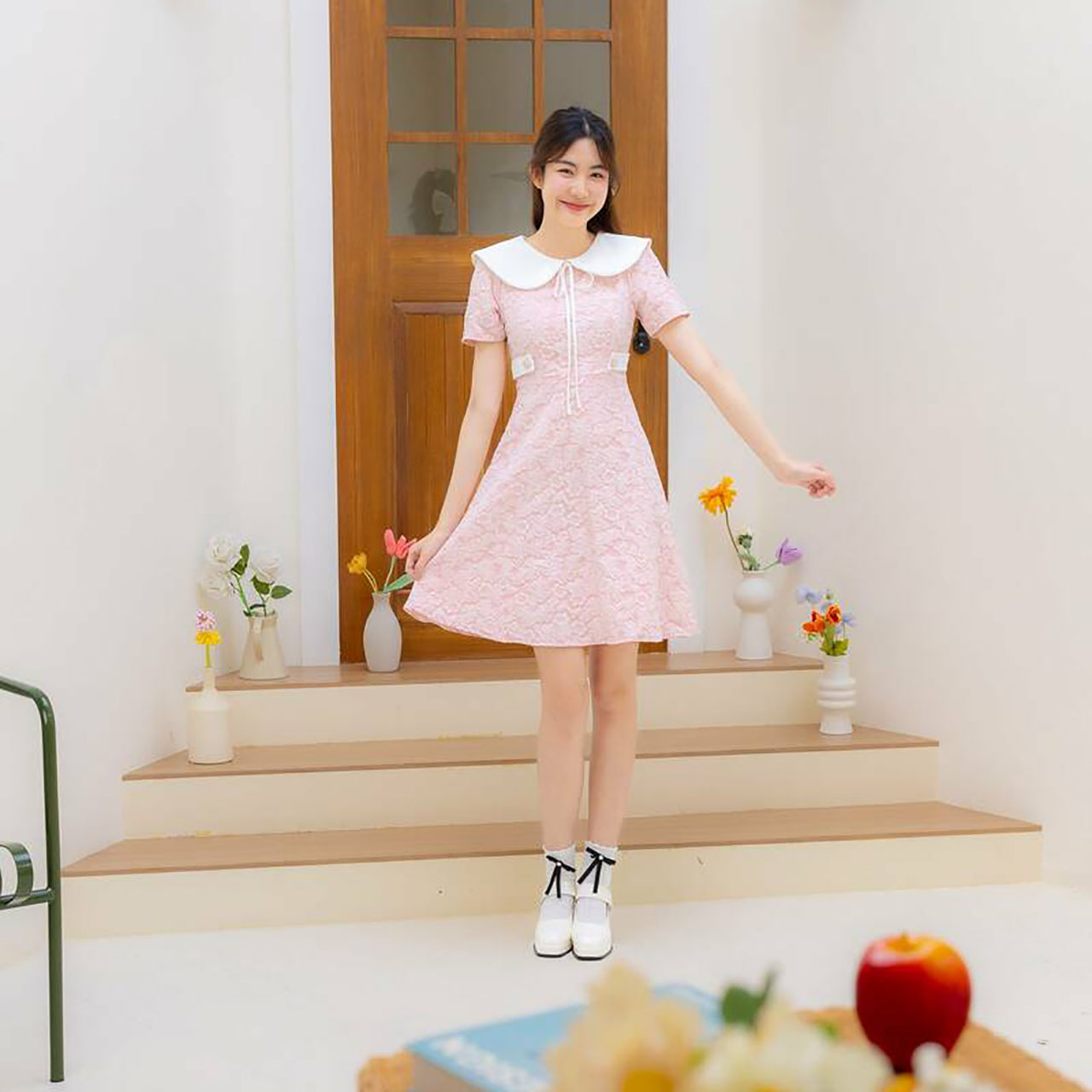 kudapy เดรสสั้นสีชมพู สีน้ำตาล สีฟ้า คอปกแจคกาดคาดเอว