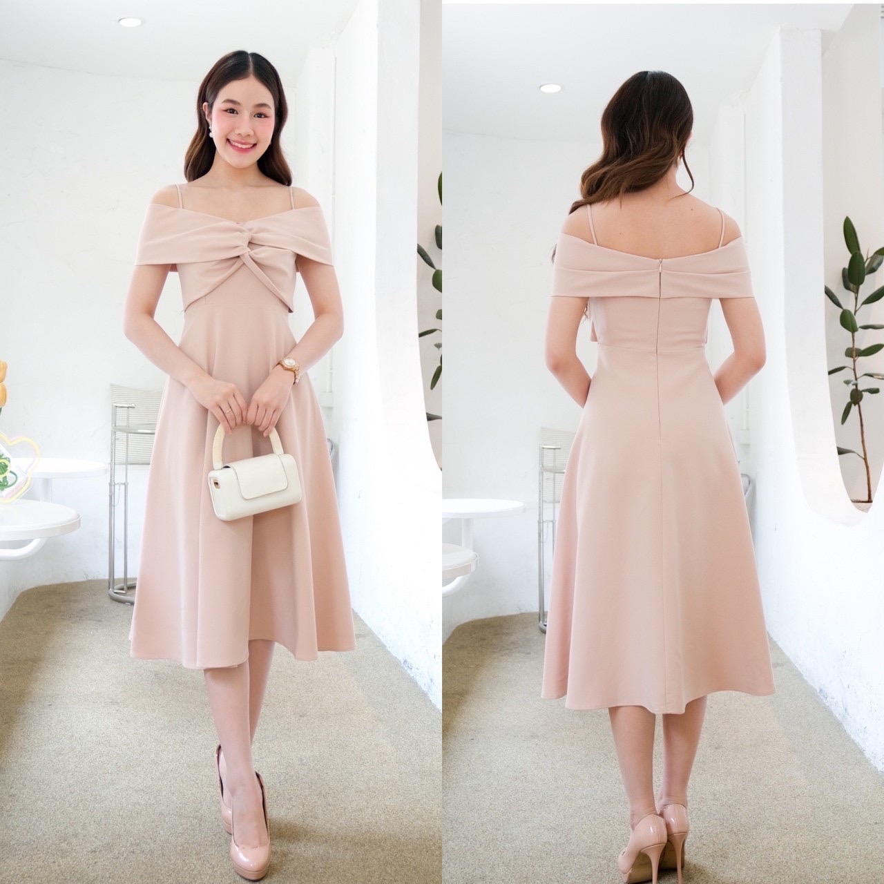 kudapy เดรสสั้นสีรีมนู๊ด/สีเขียวมิ้นท์/สีชมพู ผ้าเครปเกาหลี มิดี้เดรสเปิดบ่า ดีเทล อกปมไขว้พรางต้นแขนส่เปิดบ่า หรือใส่เป็นสายเดี่ยวก็น่ารัก