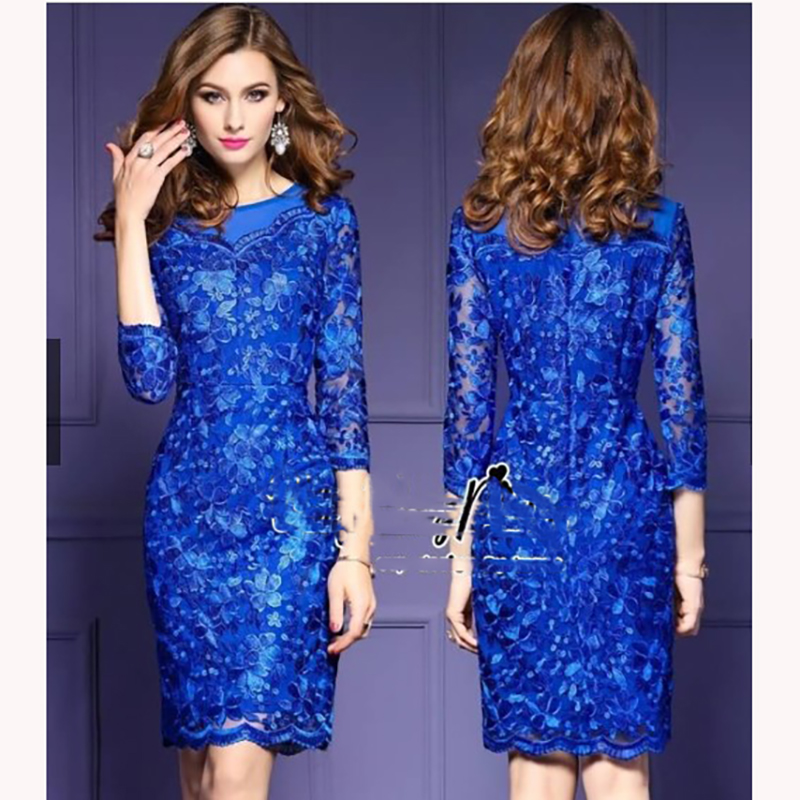 kudapy เดรสสั้นสีน้ำเงิน ลูกไม้ แขนสามส่วน ไหล่ผ้าชีฟอง ผ้าลูกไม้ปักลายดอกไม้สวยมากค่ะ