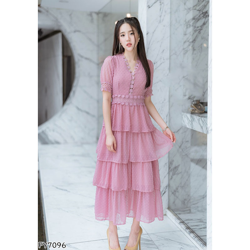 kudapy เดรสยาวสีชมพู กระโปรงยาวชั้นชีฟองจุด