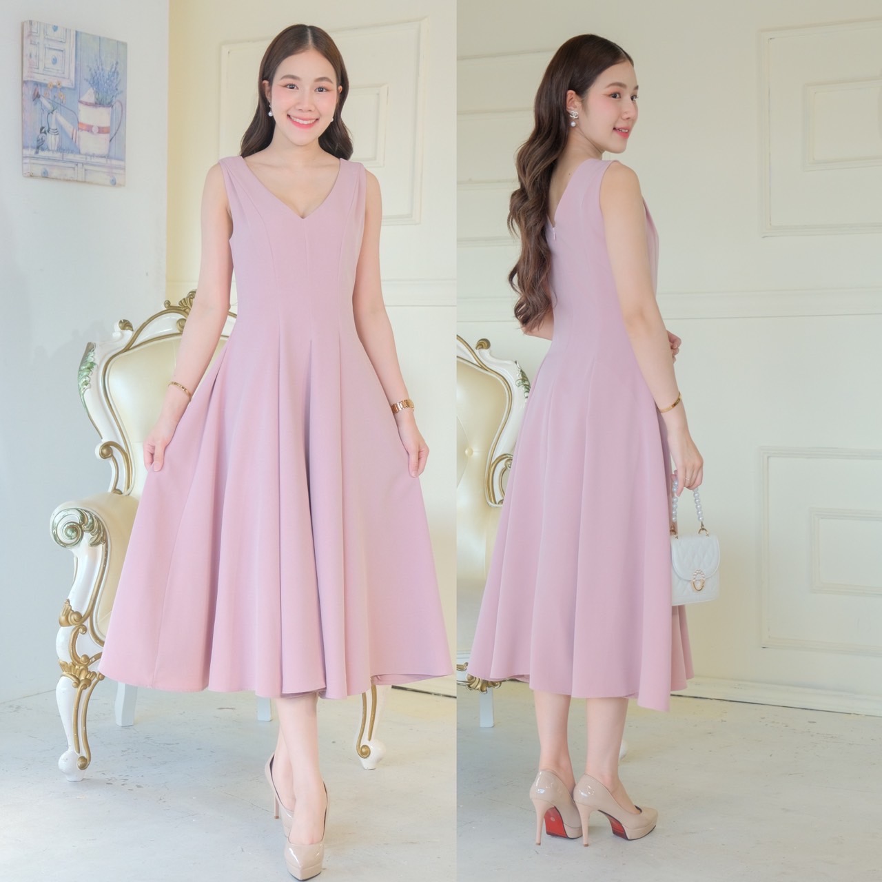 kudapy เดรสยาวผ้าเครปเกาหลี เนื้อดี คัตติ้งเอวสับ ช่วงตัวไม่ต่อเอวแต่เย็บตีเกร็ดข้าง พรางหน้าท้อง กระโปรงบาน