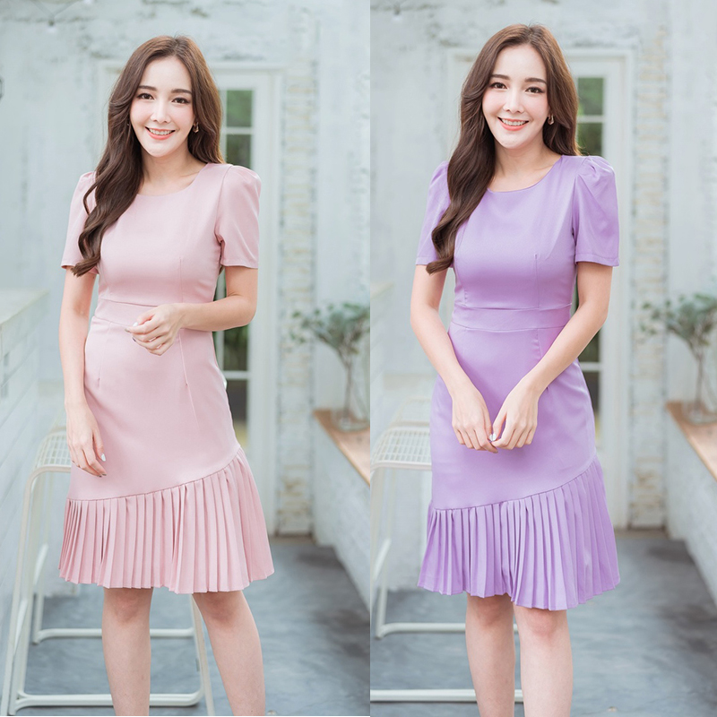 kudapy เดรสสั้นสีเขียว/ม่วง/ชมพู ใส่ทำงานชายพลีท ออกงานสวยดูดีน่ารัก