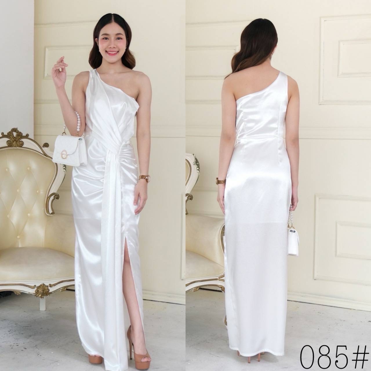 kudapy เดรสยาวบ่าเดี่ยว จับเดรปจีบช่วงเอวจัดเดรปผ้าช่วงเอวทิ้งตัวสวย sexy เรียบหรู เนื้อผ้าดัชเชสซาติน