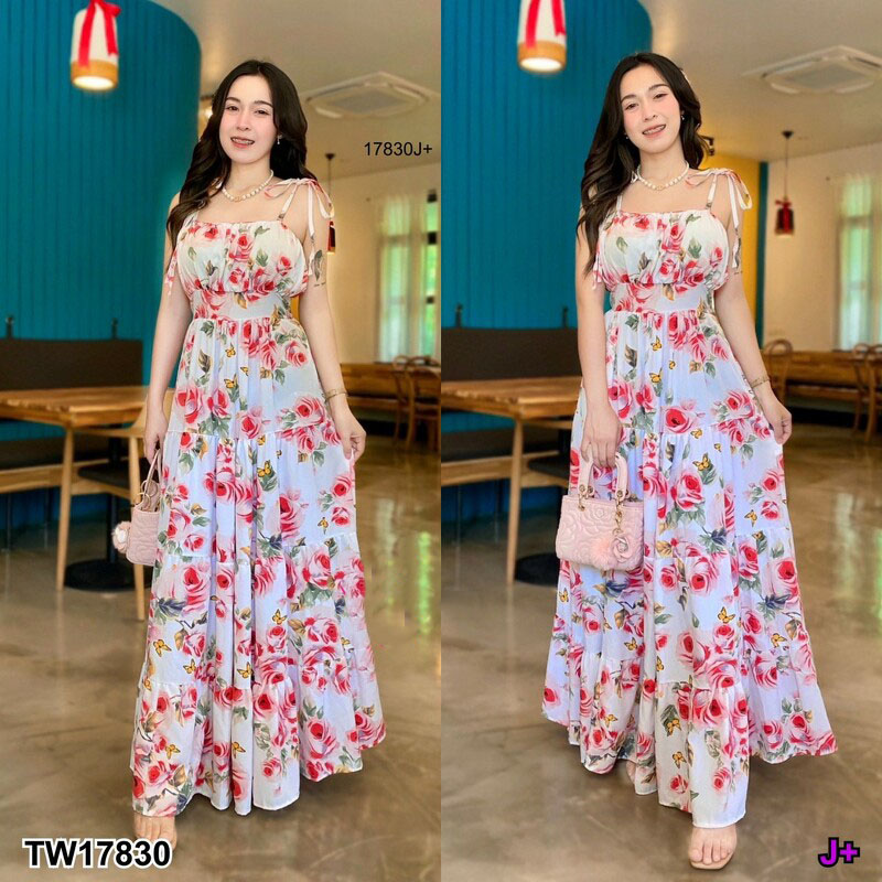 kudapy Maxi dress ลายดอกกุหลาบ เดรสยาวผูกไหล่ แต่งย่นช่วงหน้าอก ด้านหลังสม๊อค